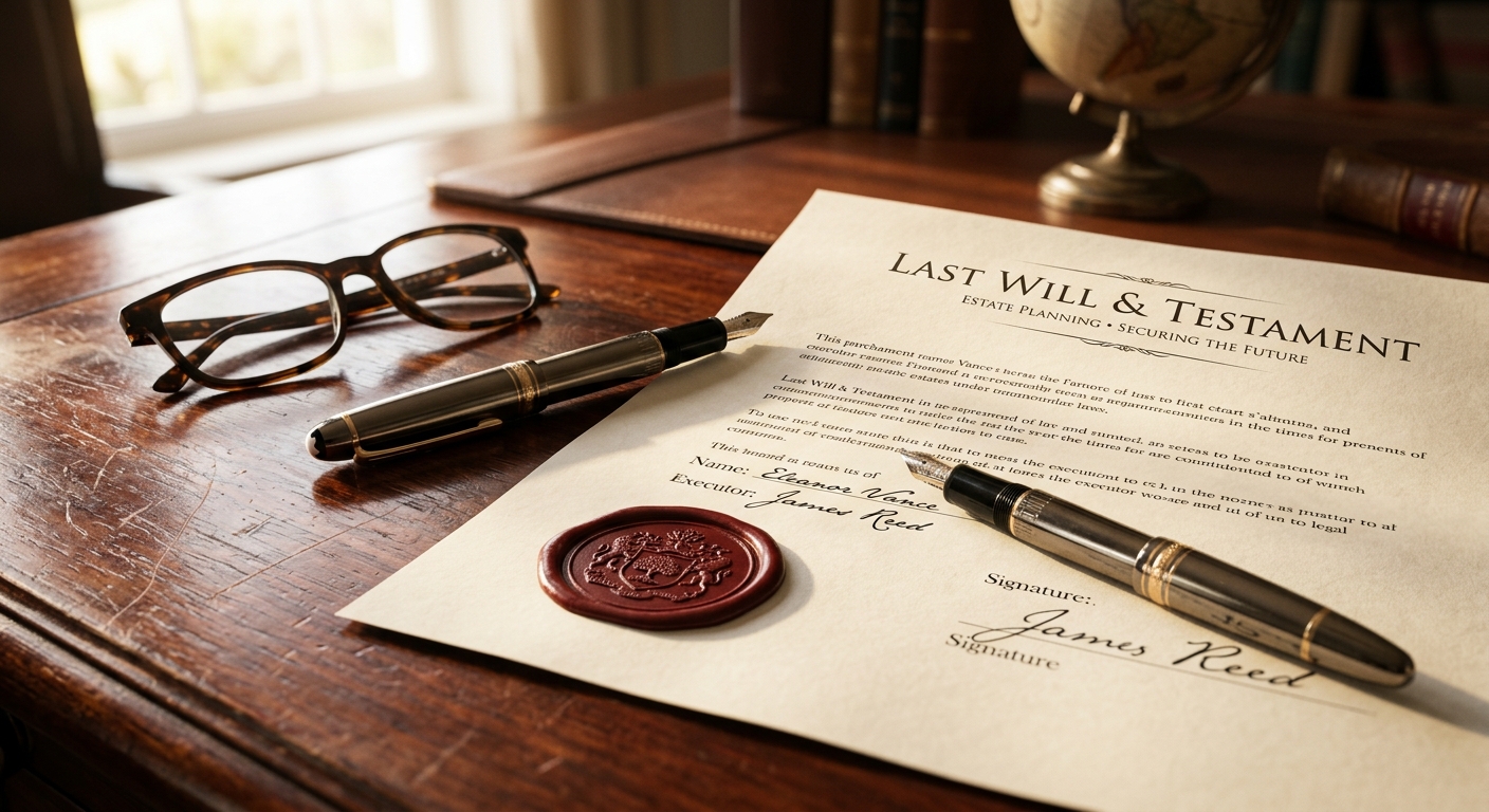 מסמך צוואה (Last Will) חתום בחותמת שעווה מונח על שולחן עץ עם עטים נובעים ומשקפיים, מסמל עריכת צוואה ותכנון ירושה